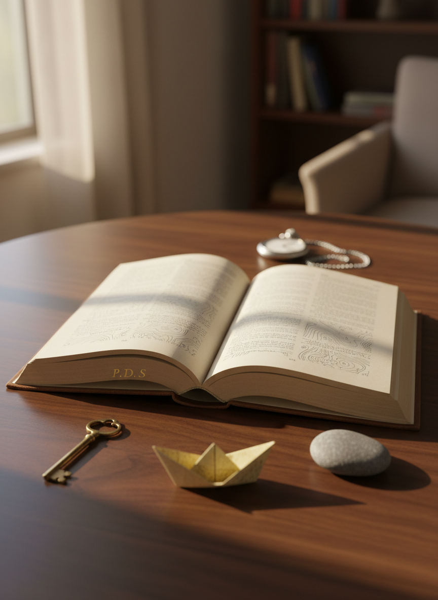 An open hardcover book with blank, subtly textured cream pages, resting in the center of a dark walnut table, surrounded by scattered symbolic objects from different genres of short fiction: a tiny brass key, a folded paper boat, a smooth river stone, and an antique pocket watch with its cover closed. Soft afternoon window light falls from the left, creating long gentle shadows and a contemplative mood. Shot from a slightly elevated angle in photographic realism, with crisp focus on the central spread and a mild bokeh in the background, hinting at the breadth and variety of P.D. Skinner’s short stories without revealing specific plots.