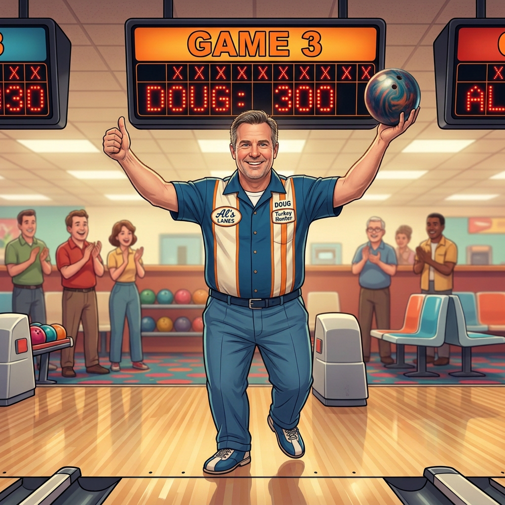 Bowler Doug celebrating perfect 300 game with bowling ball and thumbs up in front of scoreboard